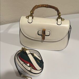 Elegant White Handbag with Bamboo Handle